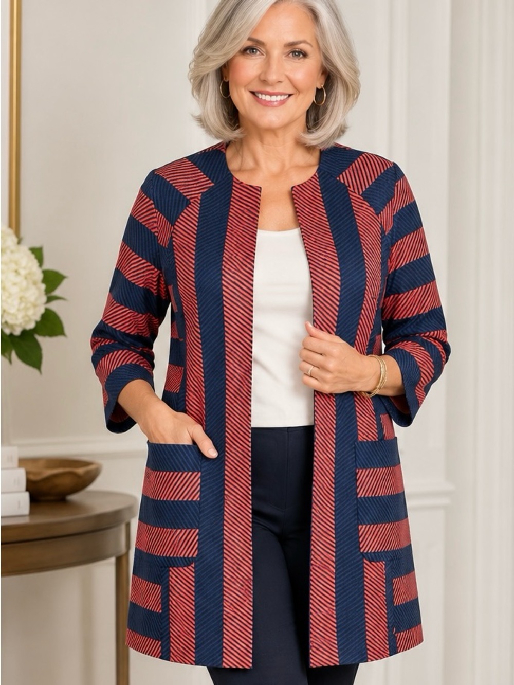 Ann Taylor Cardigan Size S Navy &  Stripped Open Front Cardigan